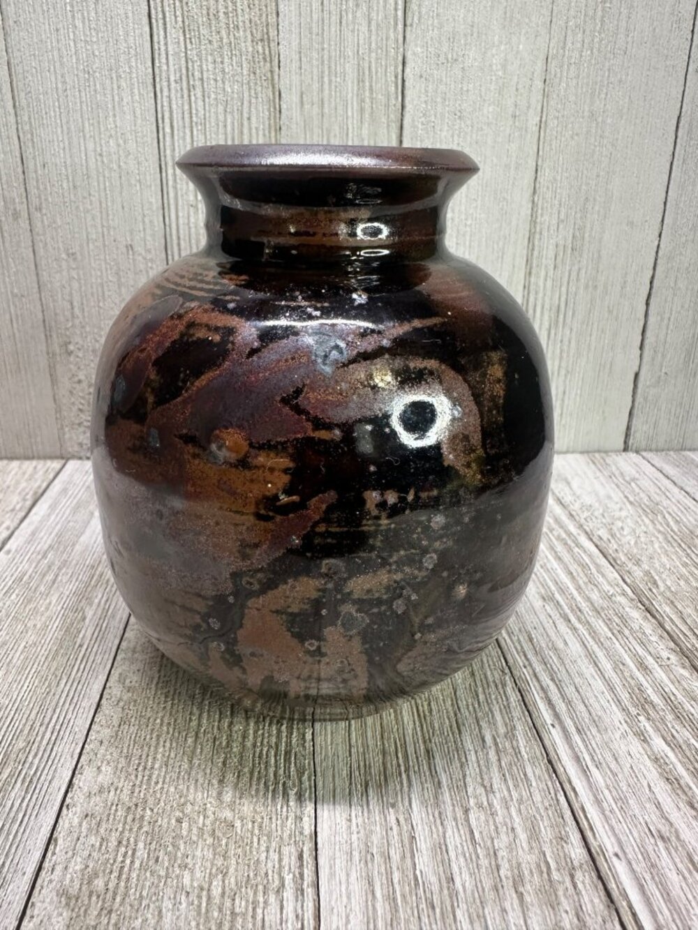Vtg  4.5 inch Vase Stoneware Pottery Ceramic Dark Brown Galaxy Glaze MCM